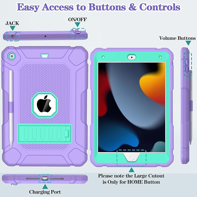 LTROP Case for iPad 10.2-Inch 9th/ 8th/ 7th Generation (2021/2020/ 2019) with Pencil Holder &amp Kickstand Hybrid Shockproof Rugged Protective Case for iPad 9/8/ 7 Gen 10.2 Purple and Green