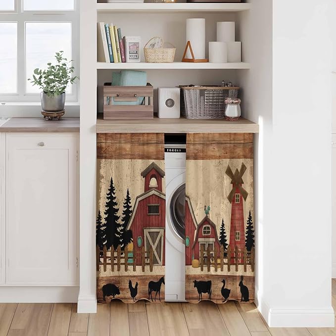 Brown Farmhouse Tier Curtains, Vintage Country Animals Wooden Grain Light