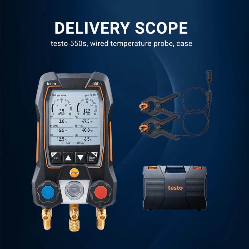 testo 550s AC Manifold Gauge Set – Manifold Gauges HVAC – Incl. 2 Wired Temperature Clamp Probes – Recharge Kit with Superheat, Subcooling For AC, Refrigeration & Heat Pumps – Bluetooth