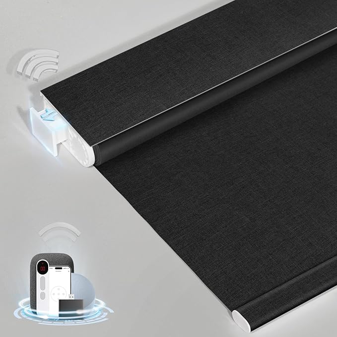 MANSNIX Smart Motorized Blinds with Remote, Cordless No-Drill Automatic Roller Shades, Blackout Electric Blind for Windows, Black, 35 x 72