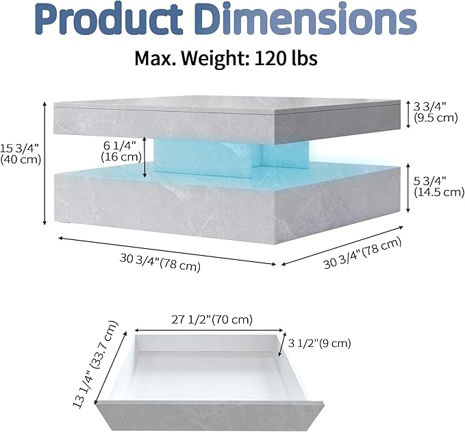 LED Coffee Table for Living Room, 2-Tier Modern Square Center Table with Music Sync Lights, High Gloss Surface, 30 3/4" x 30 3/4" (Grey)