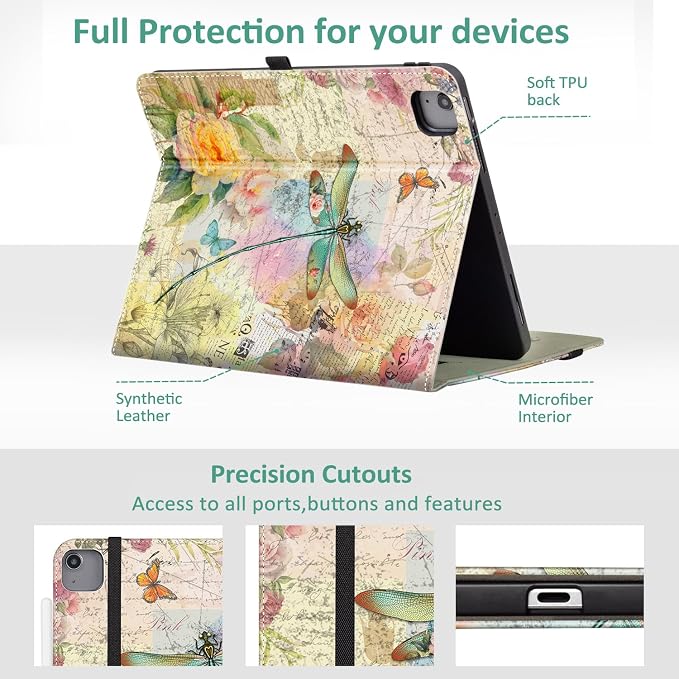 Vimorco Folio Case for iPad Air 13 inch M4/M3/M2 (2026/2025/2024)Dragonfly | for iPad Pro 12.9 inch 6th/5th/4th/3rd GenerationPencil Holder&ampPocket&ampHand StrapAdjustable Angles CoverAuto Sle