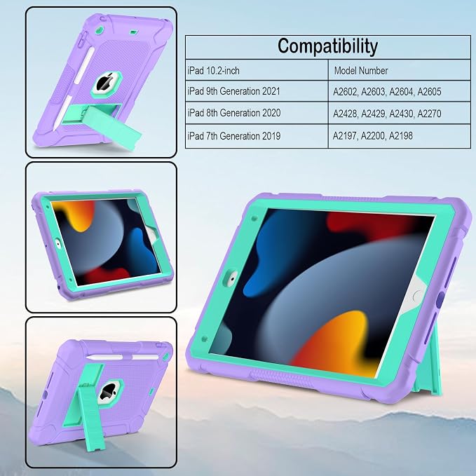 LTROP Case for iPad 10.2-Inch 9th/ 8th/ 7th Generation (2021/2020/ 2019) with Pencil Holder &amp Kickstand Hybrid Shockproof Rugged Protective Case for iPad 9/8/ 7 Gen 10.2 Purple and Green