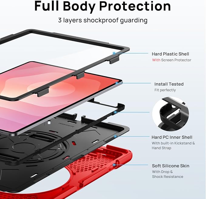 Gerutek Case for Samsung Galaxy Tab S10 FE+/ S10 FE Plus 2025 13.1 Inch Full-Body Drop Protective Case with Screen Protector Pen Holder 360° Rotate Hand Strap &amp StandShoulder Strap Black