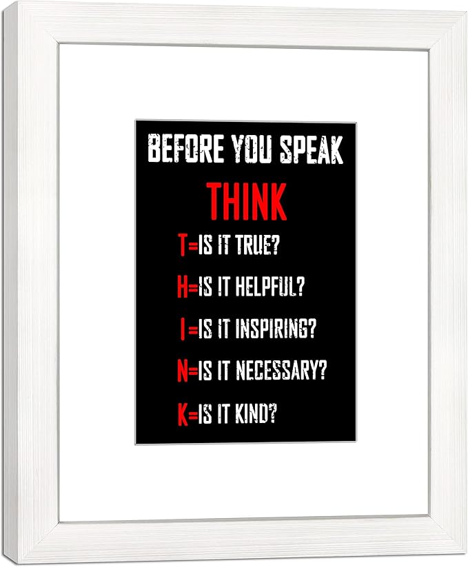 Wieco Art Think Quotes Wall Art Inspirational Canvas Print Motivation Classroom Decor With White Picture Frame and Real Glass Made to Display 5x7" with Mat or 8x10" Without Mat for Home Office Wall Decoration