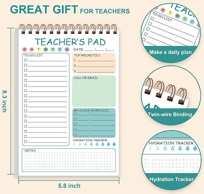 3 Pack Teacher Notepad - Teacher To Do List Notepad, Spiral Checklist Notebook Organizer for Teachers Notes Task Appointment, Teacher Appreciation Gifts, 5.8'' x 8.3''