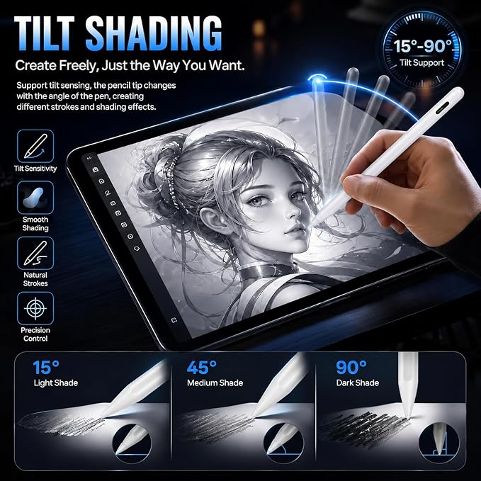 Stylus Pen for iPad Pro with Fast Charging Tilt Function Palm Rejection | Compatible with iPad 2018-2025: Works with iPad Pro Air Mini and iPad models for writing drawing and note-taking