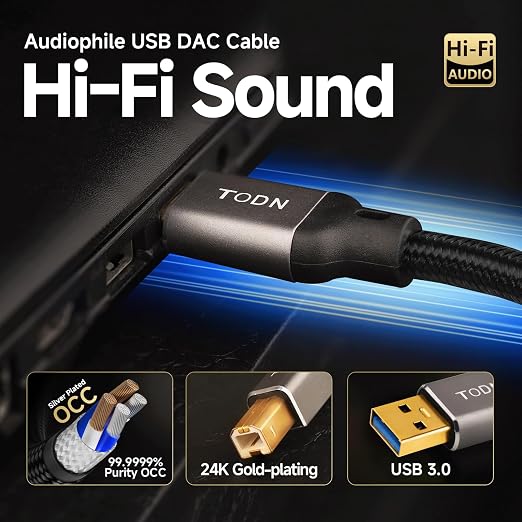 TODN Audiophile USB A to USB B Cable OCC Silver Plated USB Audio Cable HiFi 3.0 USB A to B Cable for DAC Sound Card Digital Piano Mixer Amplifier &amp Printer (9.8FT/3M)