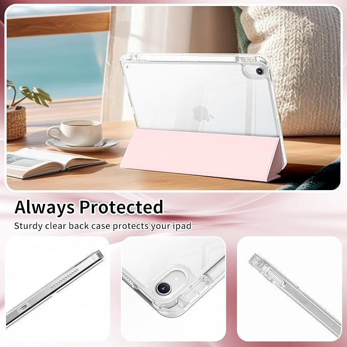 Case for iPad Air 11 Inch M4/M3/M2 Air 5th/4th Gen 10.9 Black | Pencil Holder Slim Trifold Stand Cover Clear Hard Back Shell Auto Sleep/Wake