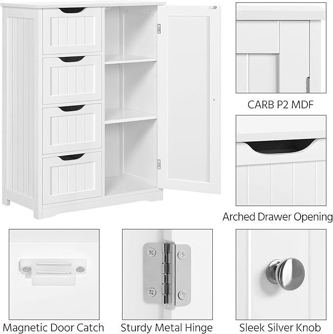 Yaheetech Large Bathroom Floor Cabinet with 4 Dawers and Single Door Cabinet, Freestanding Storage Cabinet for Living Room Kitchen Hallway, White