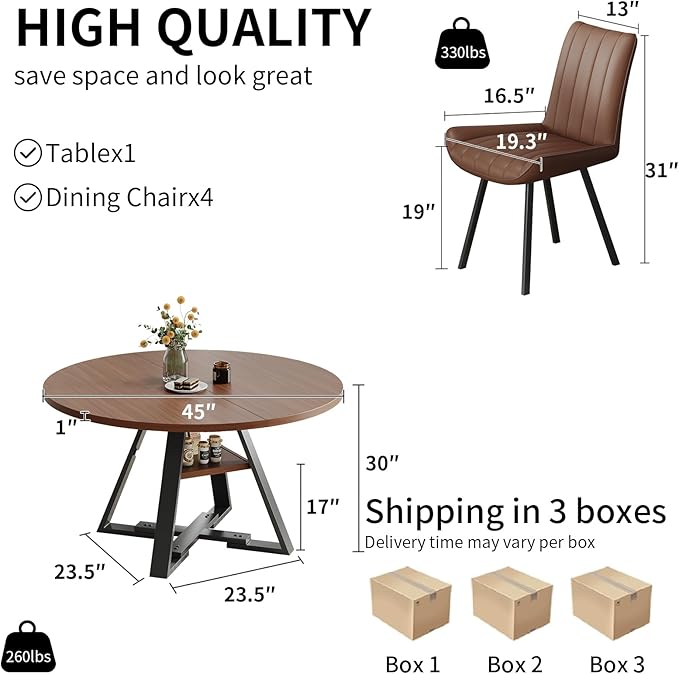 Walnut Round Dining Table Set for 4, Mid-Century Modern Kitchen Table and Chairs, Small Space Dining Room Furniture for Apartment, Breakfast Nook or Studio (Boxwood-Storage Table+4 Brown Chairs)