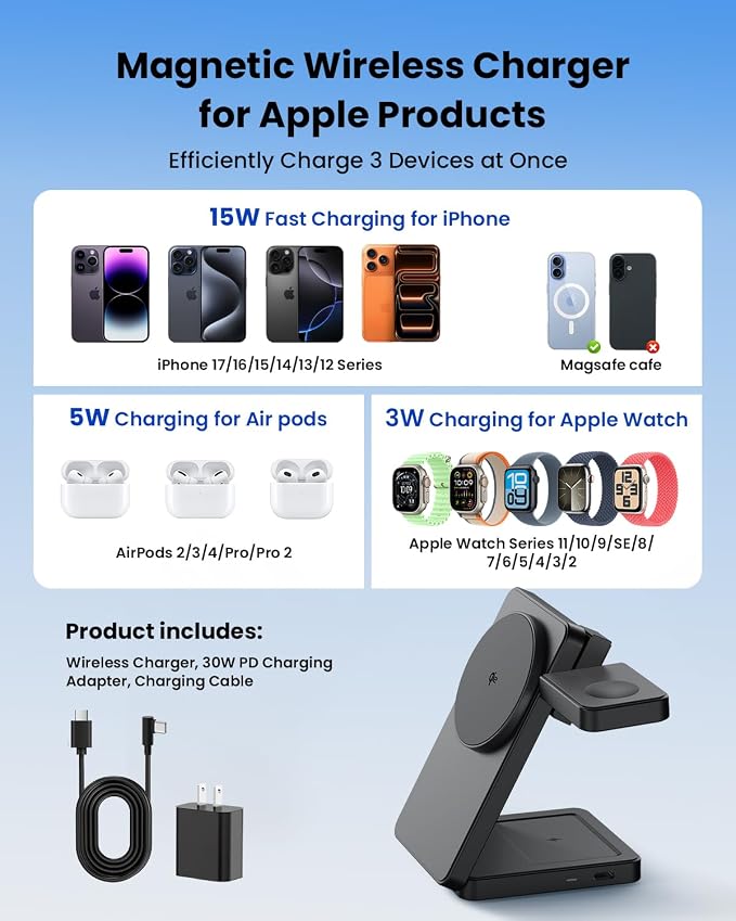 Wireless Charger Stand CIYOYO 3 in 1 Fast Wireless Charging Station Dock for Apple Watch 11/9/8/7/6/SE/5/4/3/2 Airpods 3/2/Pro iPhone 17/16/15/14/14 Plus/14 Pro Max/13/13 Pro/12/12 Pro/SE/X/XR/XS/8