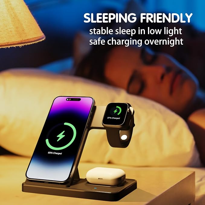 Wireless Charger 3 in 1 Fast Desk Charging Station for iPhone 16 15 14 13 12 Charging Stand Dock for Apple Watch &amp AirPods