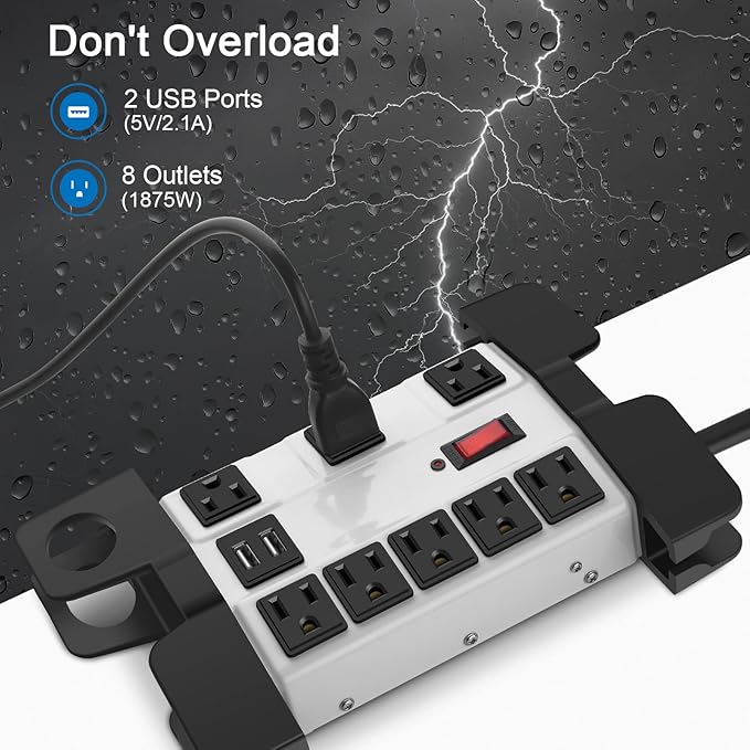 Heavy Duty Power Strip with USB, Workshop 8 Outlet Surge Protector 2700 Joules, Industrial Metal 15Amp Power Strip, 25 FT Extension Cord and Wide Spaced.