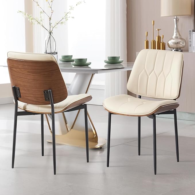 BV Mid Century Modern Dining Chairs Set of 2, Upholstered Pu Leather Accent Chair with Walnut Bentwood Back, Armless Kitchen Retro Chair for Dining Room, Living Room, Kitchen, Beige