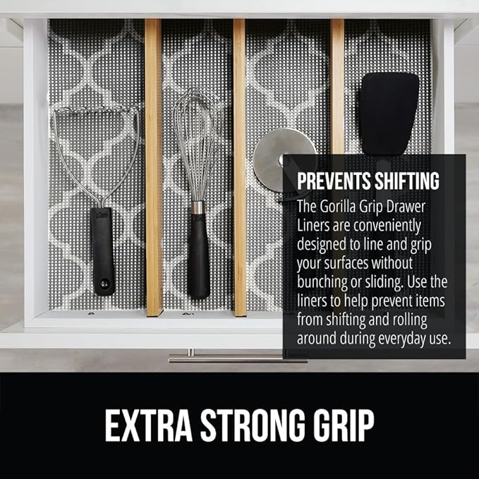 GORILLA GRIP powerGRIP Drawer Shelf and Cabinet Liner, Thick Strong Hold, Non-Adhesive Liners Protect Kitchen Cabinets and Cupboard, Bathroom Drawers, Easy Install, Breathable Mat, 17.5" x30', Gray