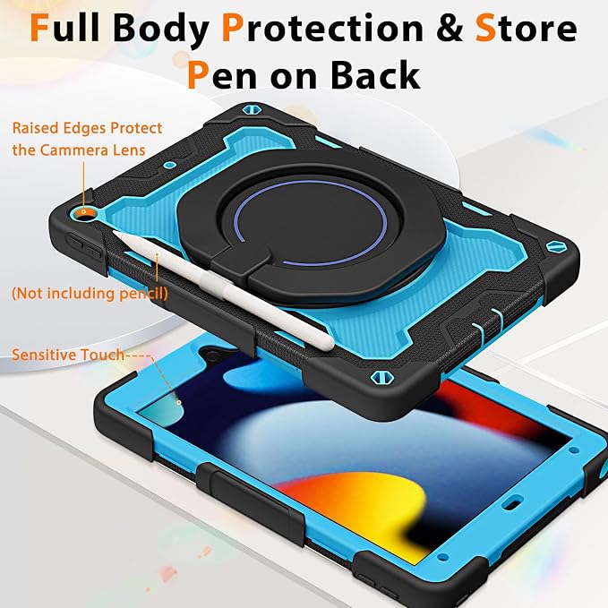 for iPad 9th 8th 7th Generation Case(iPad 10.2 inch) for Kids | 15ft Drop Protection Rugged with 360 Kickstand Handle Shoulder Strap，HD Screen Protector，Shockproof (2021/2020/2019 Release)