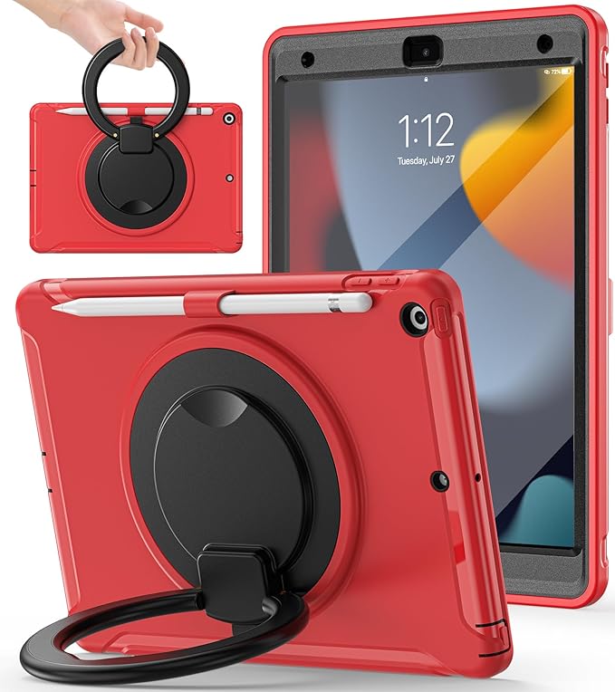 BATYUE Shockproof Case for iPad 9th 8th 7th Gen 10.2 Inch Black | 3in1 PC+TPU Heavy Duty 360° Rotatable Ring Stand for Grip Carry Hang &amp Multi-Angle View Screen Protector Pencil Holder