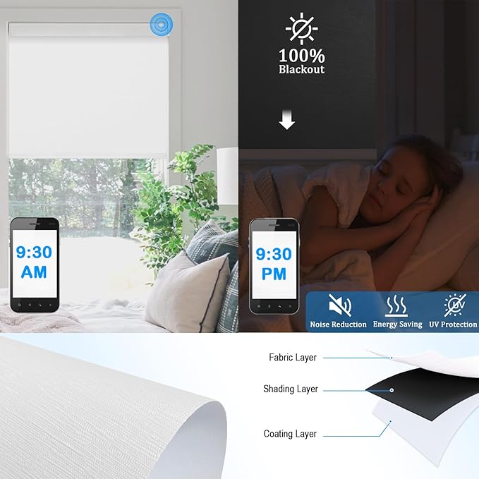 COOLWINDS Motorized Blinds with Remote Cordless Automatic Motorized Shades Custom Blinds for Windows Smart Curtains Compatible with Alexa Google Home(Blackout Jacquard White,W23 x H72in)