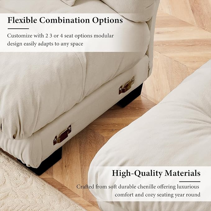 173.2" Oversized Couch, 4 Seater Modular Sectional Sofa, Beige Large L Shaped Fluffy Couch Set, Chenille Cloud Sofas with Ottoman for Living Room