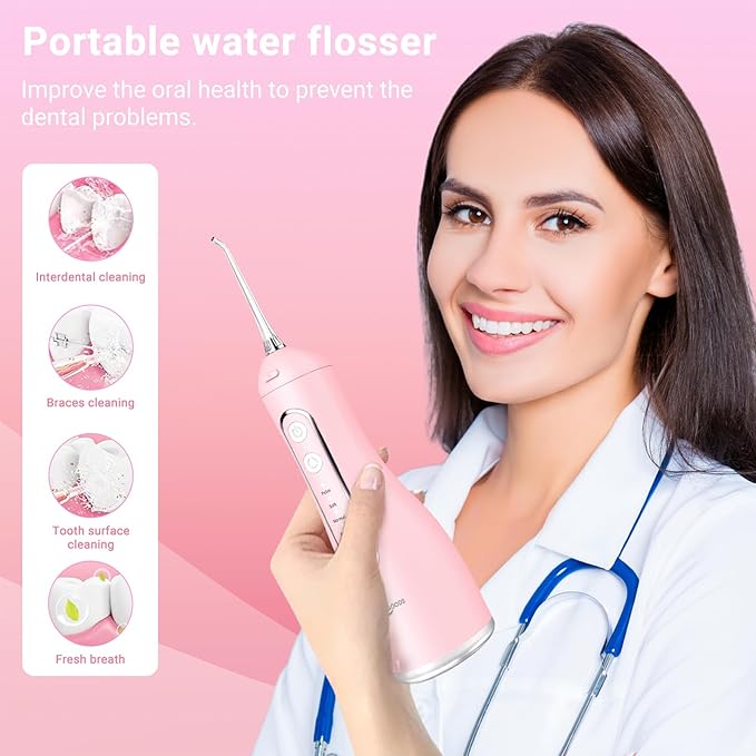JNGOODS Cordless Water Dental Flosser Oral irrigator,JNGOODS 300ml Rechargeable Water flosser for Teeth IPX7 Waterproof 4 Modes Portable Oral Irrigator with 4 Jet Tips, Travel Home use (Pink)