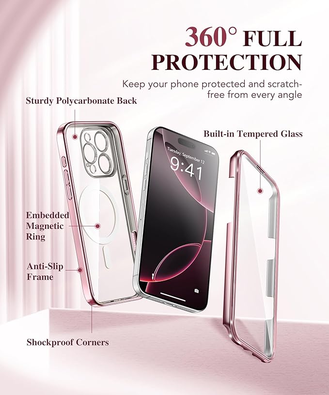 BERFY Magnetic for iPhone 16 Pro Case, Compatible with Magsafe, Built-in 9H Tempered Glass Screen Protector & Upgraded Camera Protection, Full-Body Plating Shockproof Phone Case for 16 Pro 6.3", Pink