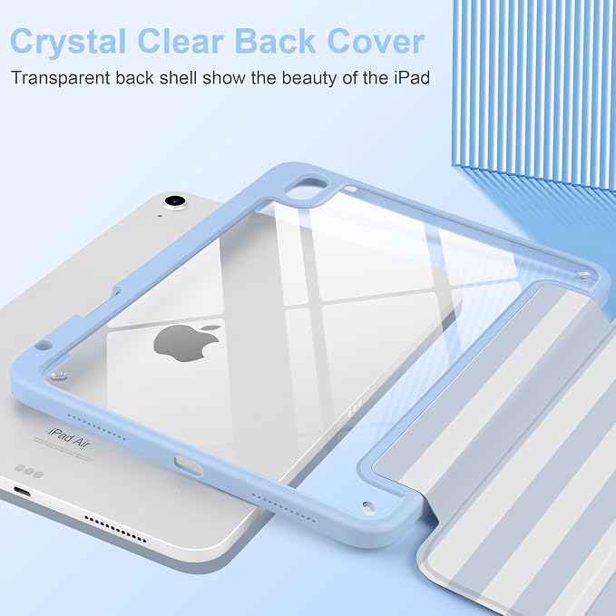 MecBevia Case for iPad Air 11-inch M4 2026 / M3 2025 / M2 2024 | Built-in Pencil Holder Shockproof Clear Hard Back Trifold Stand Auto Wake/Sleep Blue Bow