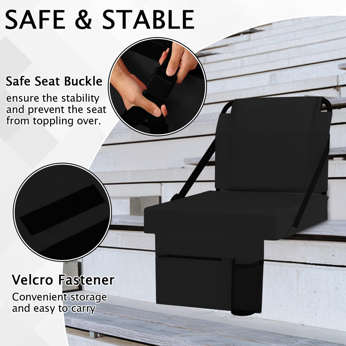 ACIPENSER 2pcs Stadium Seat for Bleachers with Back Support，Portable Bleacher Chairs with Back and Cushion，Includes Shoulder Strap and Cup Holder,Black