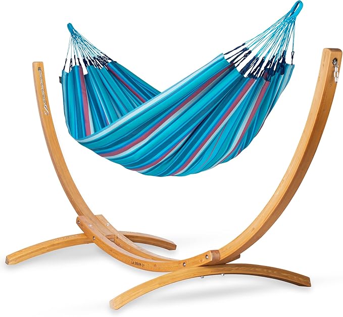 LA SIESTA® - XL King Brisa Classic Hammock & Elipso Stand - Larch Wood Hammock Stand - Weather & Tear Resistant - Backyard Outdoor Hammock with Stand - Family Hammock and Stand - Max 440 Lbs, Wave