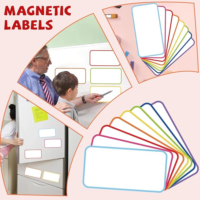32 Pcs Dry Erase Magnetic Labels, 4.2 x 2.1 Colored Border Reusable Writable Magnetic Name Tags Magnetic Label Stickers for Whiteboard, Refrigerator, Locker Classroom Office Home (8 Colors)