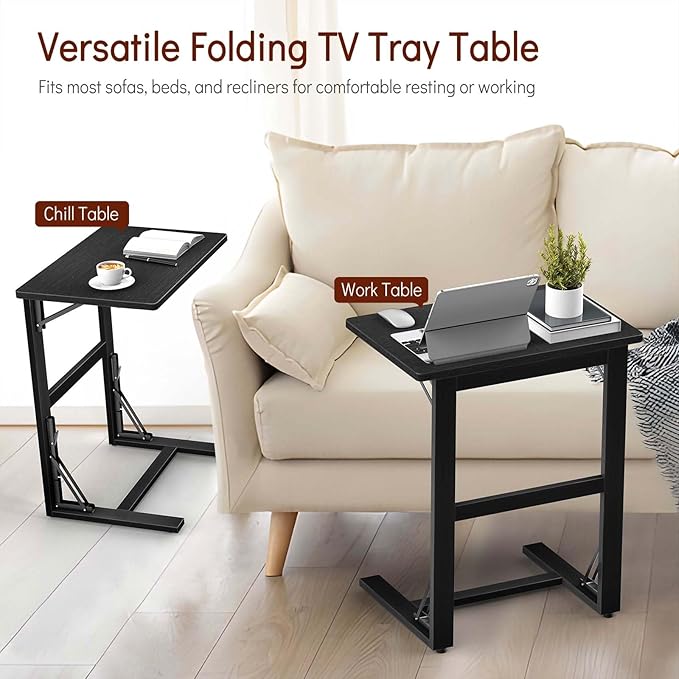 Tatub 24'' Folding TV Tray Table, Bamboo C Shaped End Table Slide Under Couch, Small Sofa Side Laptop Desk for Living Room, Bedroom, Black