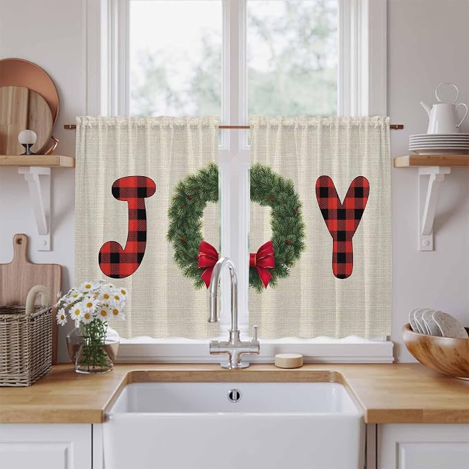 Red Green Christmas Kitchen Curtains 45 Inch Long 2 Panel Set, Rod Pocket
