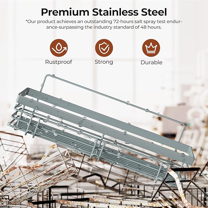 Orimade Adhesive Shower Caddy Soap Dish Holder Shelf with 5 Hooks Bathroom Organizer Basket Kitchen Storage Rack Wall Mounted No Drilling Stainless Steel - 3 Pack, Light Blue Grey