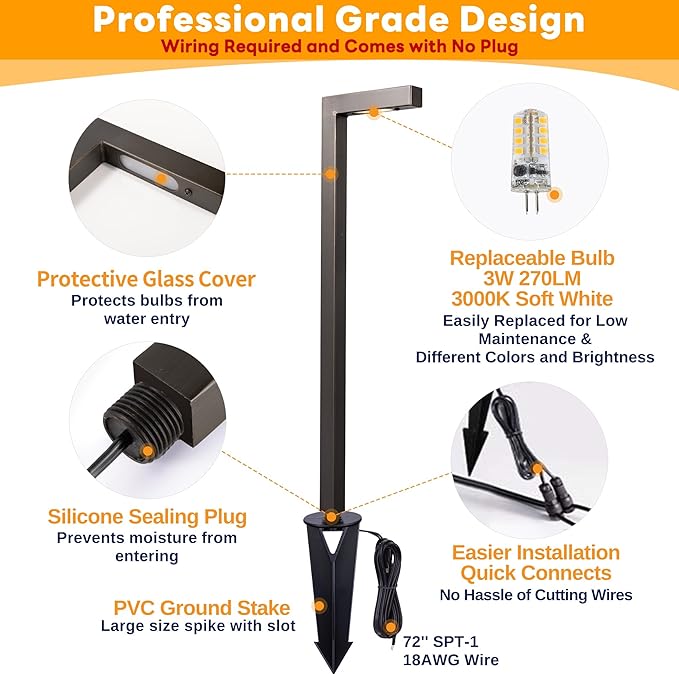 Brass Hardwired Landscape Path Lights, 12V Low Voltage Pathway Light IP65 Waterproof, Outdoor Walkway Lighting Wired, LED Bronze for Patio Lawn with 3W 3000K Soft White G4 Bulb (4 Pack)