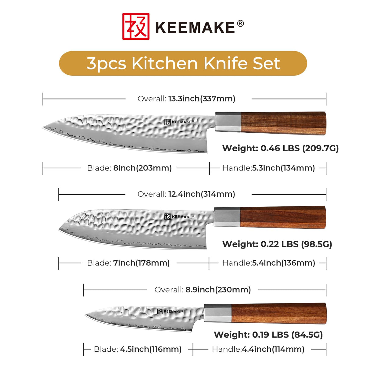 KEEMAKE Kitchen Knife Set 3-pcs - Chef Knife Set with 3-layer Japanese 9CR18MOV Clad Steel Blade, Sharp Knives Set for Kitchen with Octagon Rosewood Handle Kitchen Knives