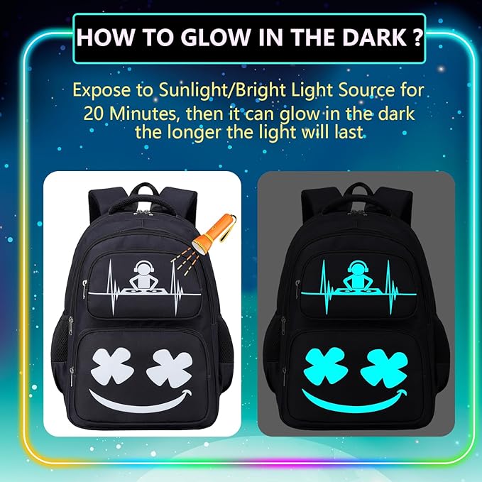 Boys Backpack with Lunch Box Glow in Dark Kids Ages 4-12 Kindergarten Elementary Middle School Teens Bookbag Mochilas Para Niños, Luminous Face Black