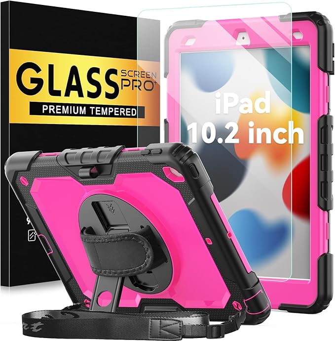 BLOSOMEET Case for iPad 9th Generation 2021 10.2 Inch with Tempered Glass Screen Protector & Pencil Holder,Protective Kids iPad 7th/8th Gen Cover 2020 2019 w/Stand Hand Shoulder Strap,Rosered
