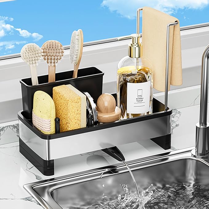 Sponge Holder for Kitchen Sink,Sink Caddy Organizer with Removable Brush Holder,Kitchen Countertop Soap Dispenser Storage with Detachable Towel Rack,Black