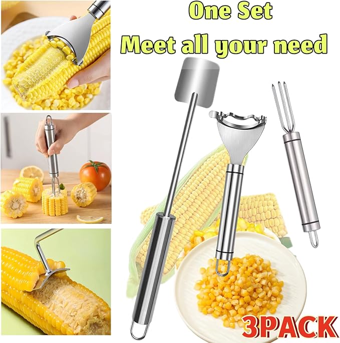 Corn Peeler 3PCS Stainless Steel Corn Peeler,Stripper Tool and Corn Holder Set 2026 Corn Planer Cutter Thresher Scraper,Peel Corn Cob Separator Quick