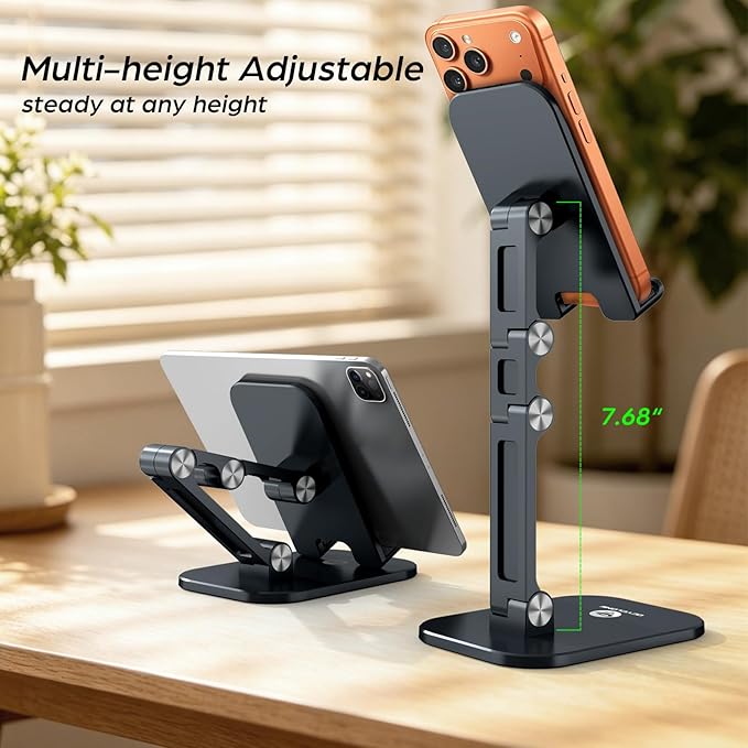 OCYCLONE Phone Stand Adjustable Height and Angle Foldable Cell Phone Stand Holder for Desk Taller iPhone Stand Compatible with 4.7-13 Smartphones iPad Tablet Beige