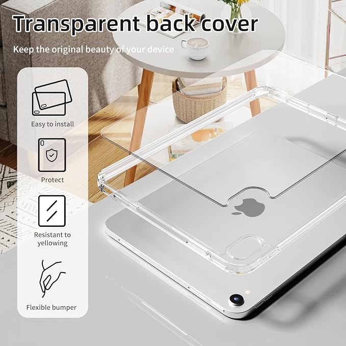 Detachable Case for iPad A16 11th Gen 11/10th Gen 10.9 Black | Slim Transparent Shell Back Soft Shockproof TPU Frame Without Pencil Holder Auto Sleep/Wake