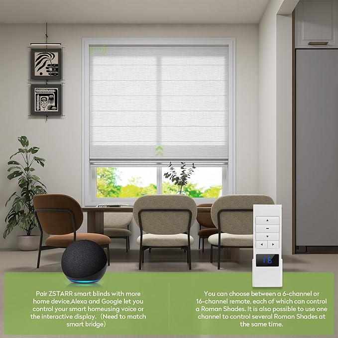 ZSTARR Smart Roman Shades Rechargeable Motorized Blinds with Remote Light Filtering Roman Window Shades Plain Fold Soft for Doors Bedroom, Custom Size (Sheer White)