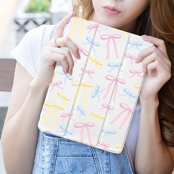 JOYLAND Pink Bow Compatible with iPad 6th/5th Generation (2018 2017 Model 9.7 Inch)iPad Air 2/Air 1 (9.7 Inch) with Pencil Holder-Trifold Stand Protective Cover with Soft TPU BackBlack
