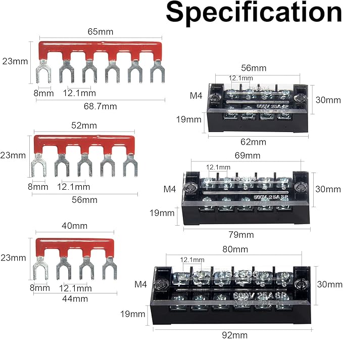 MILAPEAK Terminal Block and Strip - 6 Sets 4/5/6 Positions 600V 25A Dual Row Wire Screw Terminal Strip Block with Cover + 400V 25A Pre-Insulated Terminals Barrier Strips Jumpers (Black & Red)