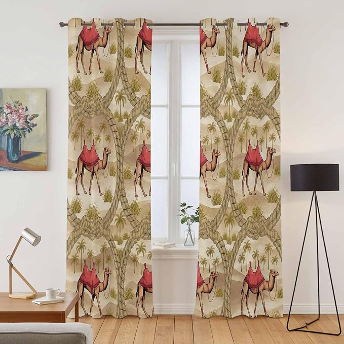 2 Panel Kitchen Cafe Curtains, Desert Camels Sunlight Filtering Nature Air