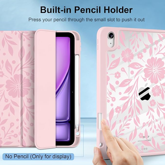 MecBevia Case for iPad Air 11-inch M4 2026 / M3 2025 / M2 2024 | Built-in Pencil Holder Shockproof Clear Hard Back Trifold Stand Auto Wake/Sleep Blue Bow