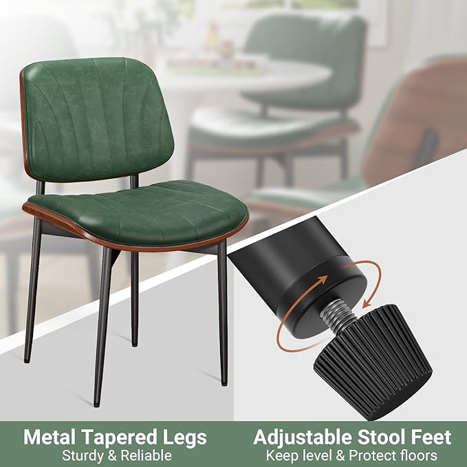 Dining Chairs Set of 2, Mid-Century Modern Upholstered PU Leather Chairs with Walnut Bentwood Back and Metal Legs Adjustable Feet for Kitchen Dining Room, Dark Green Shell Strips