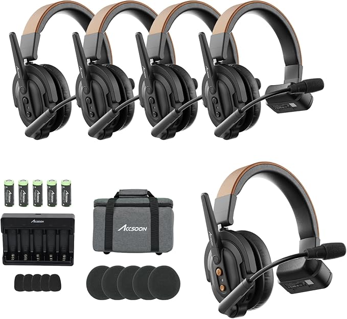 Accsoon Como SE Wireless Intercom Headset System Full-Duplex 2.4GHZ 1312FT Range 30H, 5 Person Team Communication Headset Intercom with Noise Cancellation for Filming Shoot Gruop Talk(1 Host 4 Remote)