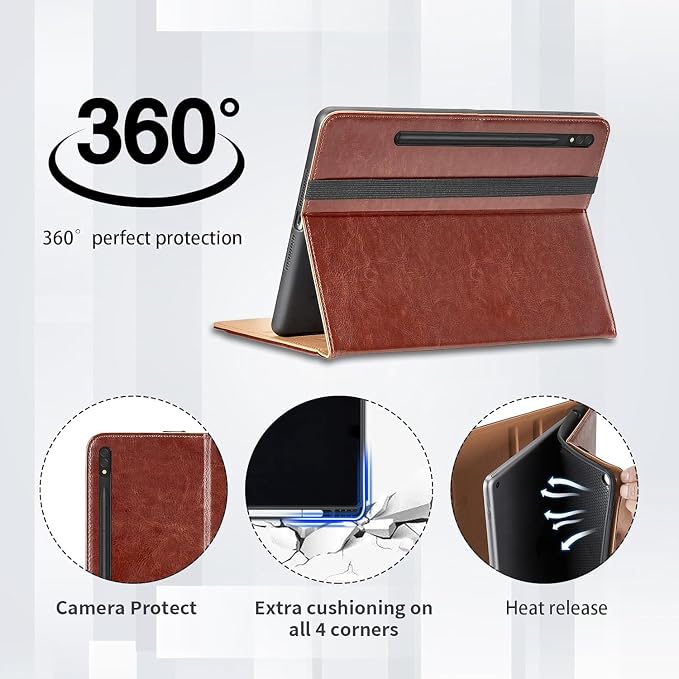 Case for Samsung Galaxy Tab S8 Plus 2022 /S7 FE 2021 /S7 Plus 2020 12.4 Inch - PU Leather Folio Case with S Pen Holder and Pocket Auto Wake/Sleep Smart Tablet Cover Brown