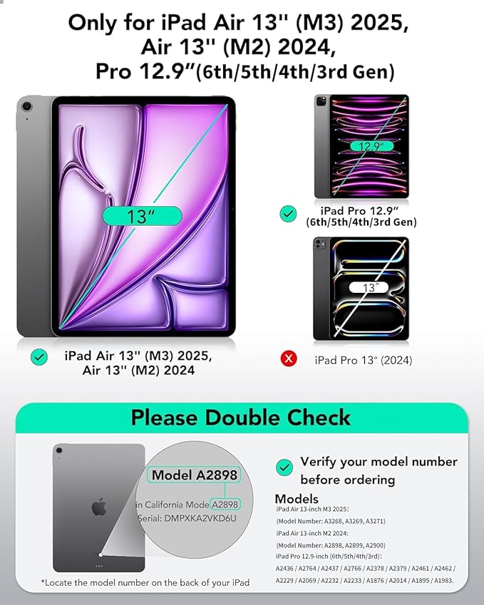 Case for iPad Air 13 Inch Case M4/M3/M2 (2026/2025/2024) Pro 12.9 Inch (6th/5th Gen 2022/2021) 2 in 1 Detachable Cover with Clear Hard Back Supports Touch ID Auto Wake/Sleep Black